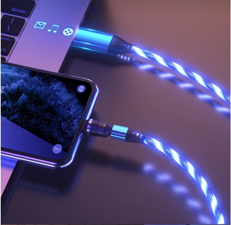 540° Rotating Magnetic LED Charging Cable – 3A Fast Charge for iPhone, Type-C & Micro USB