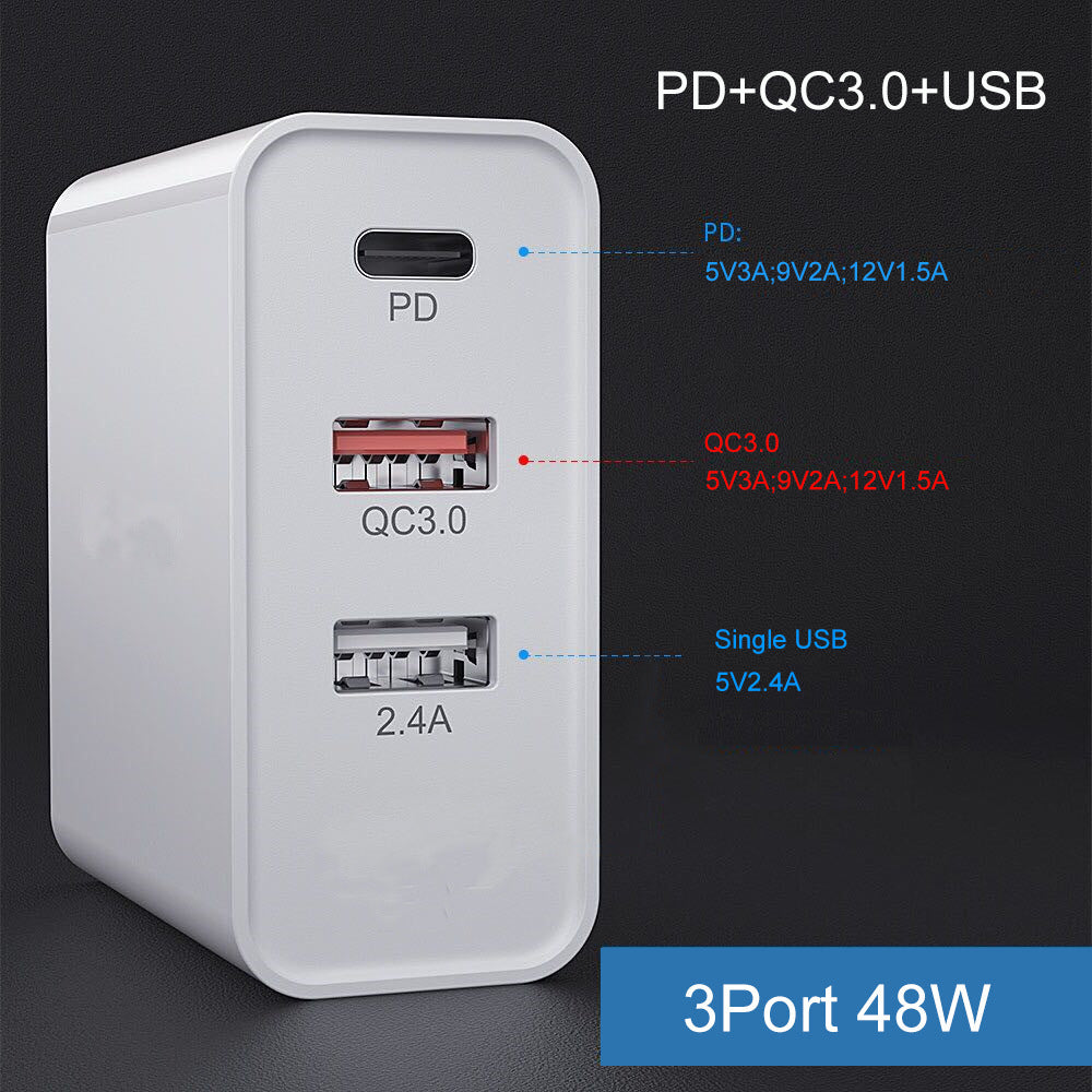 PowerMax™ 48W | Triple Port Fast Charger (PD + QC 3.0 + USB)