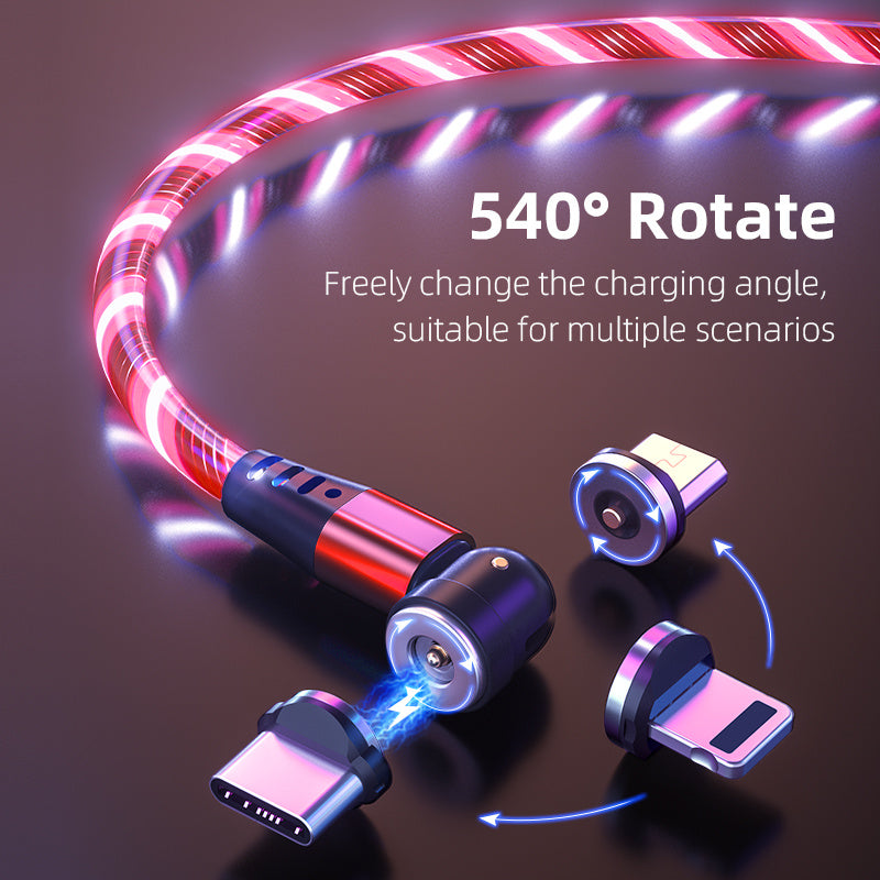 540° Rotating Magnetic LED Charging Cable – 3A Fast Charge for iPhone, Type-C & Micro USB