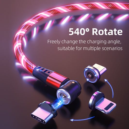540° Rotating Magnetic LED Charging Cable – 3A Fast Charge for iPhone, Type-C & Micro USB