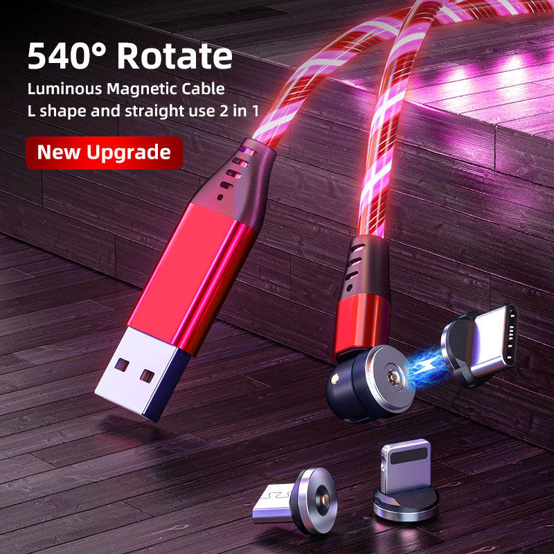 540° Rotating Magnetic LED Charging Cable – 3A Fast Charge for iPhone, Type-C & Micro USB